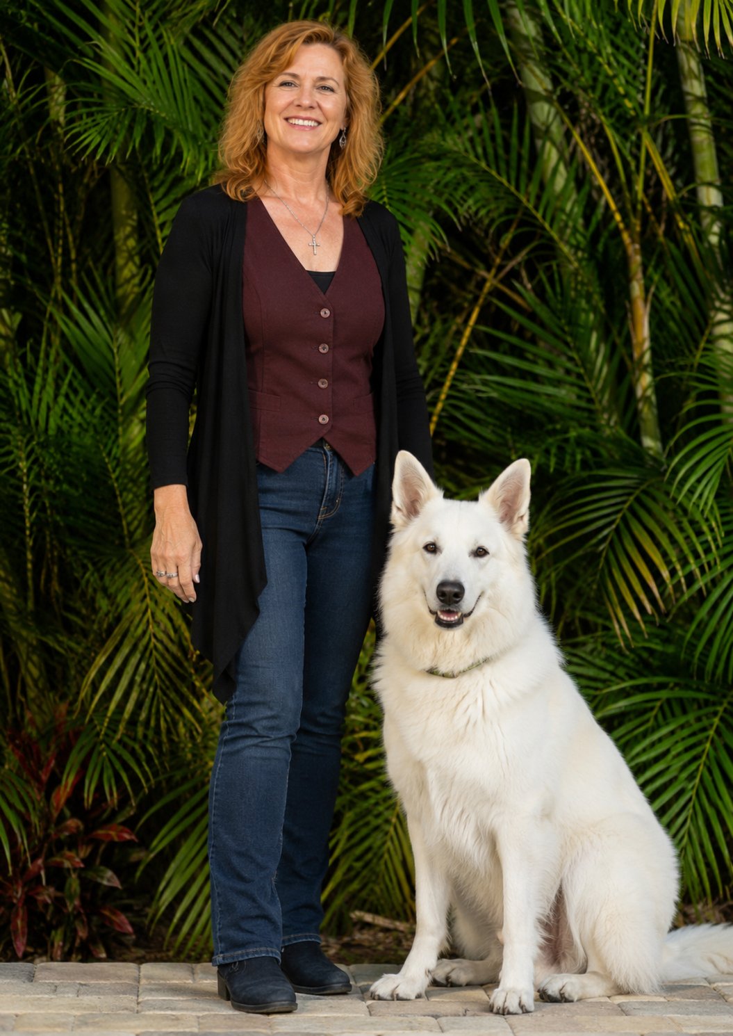 Alison White standing with her guide dog, Jura