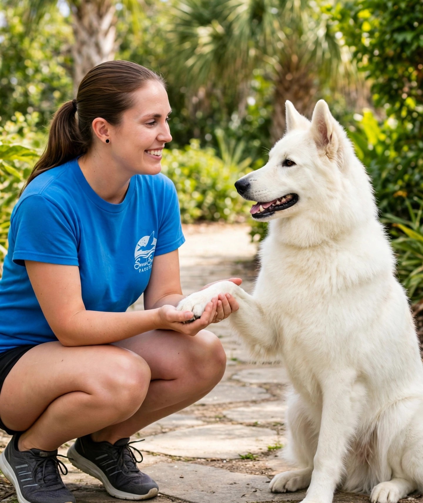 Natalie crouching and holding Jura's paw