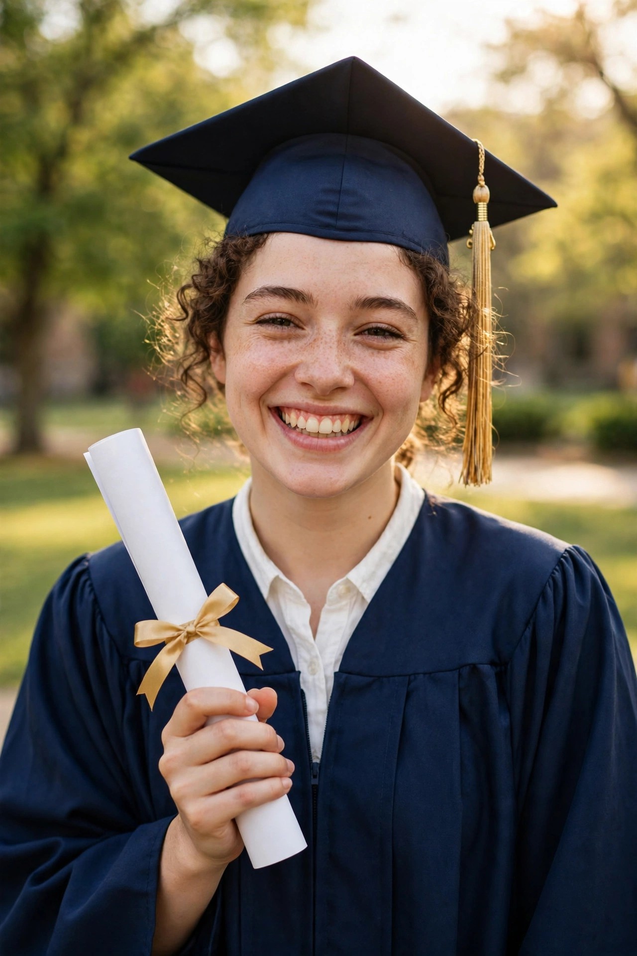 A graduate in cap and gown holding a diploma