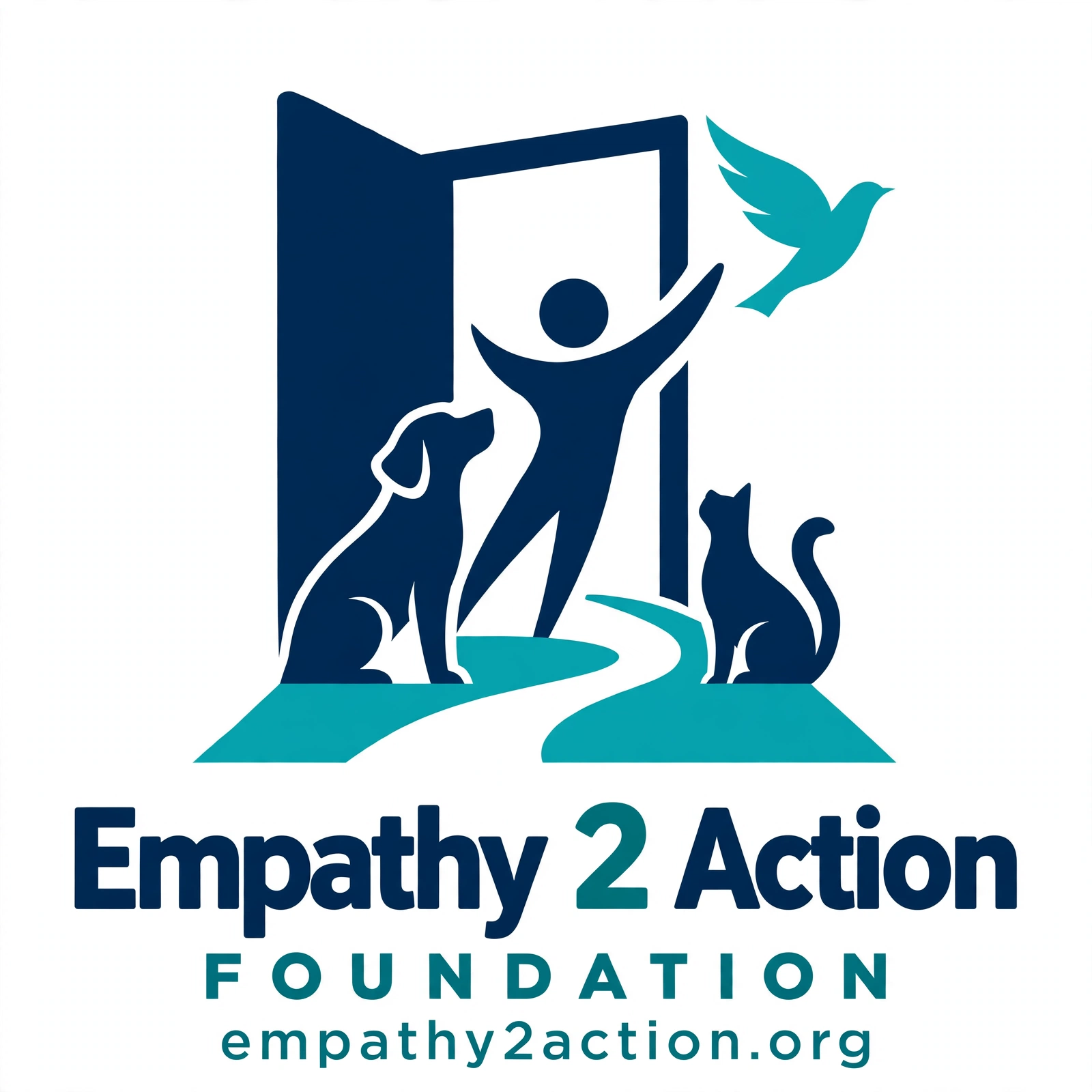Empathy 2 Action Foundation logo — a person, dog, cat, and bird stepping through an open door